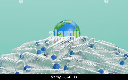 Erdkugel mit leeren Plastikflaschen. Globales Konzept der Kunststoffverschmutzung. 3D Rendering Stockfoto