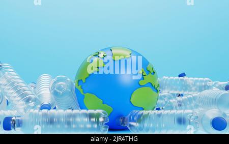 Erdkugel mit leeren Plastikflaschen. Globales Konzept der Kunststoffverschmutzung. 3D Rendering Stockfoto