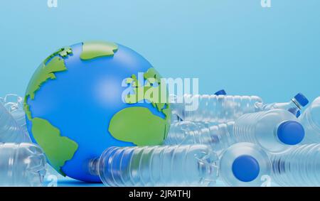 Erdkugel mit leeren Plastikflaschen. Globales Konzept der Kunststoffverschmutzung. 3D Rendering Stockfoto