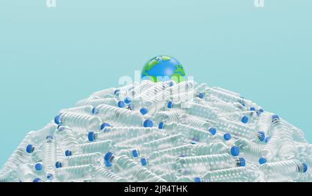 Erdkugel mit leeren Plastikflaschen. Globales Konzept der Kunststoffverschmutzung. 3D Rendering Stockfoto