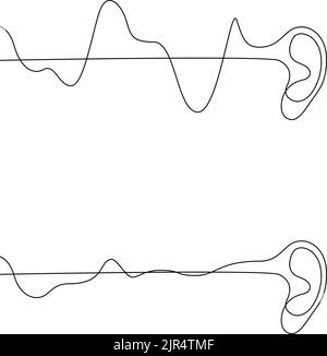 Kontinuierliche einzeilige Zeichnung der Ohren mit den Adiowaves. Konzept für Hörverlust. Vergleich von normalem und schwachem Gehör. Design-Vektor-Illust mit einliniger Zeichnung Stock Vektor