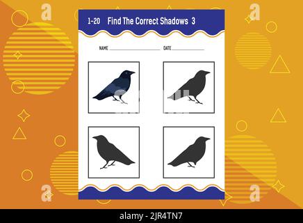 Finden Sie den richtigen Schatten. Arbeitsblatt zur Entwicklung von Schulungen. Passende Spiel für Kinder. Stock Vektor