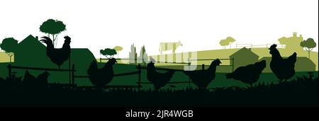 Hühner auf der Weide. Bildsilhouette. Haustiere auf dem Bauernhof. Hausgeflügel, um Eier zu bekommen. Ländliche Landschaft mit Bauernhaus. Isoliert auf weißem Hintergrund. Vec Stock Vektor