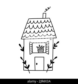 Nettes kleines Haus auf weißem Hintergrund isoliert. Süßes Zuhause. Vektor-handgezeichnete Illustration im Doodle-Stil. Perfekt für Dekorationen, Karten, Logo Stock Vektor