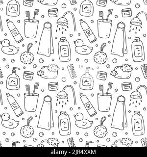 Nahtloses Muster mit Badaccessoires - Shampoo, Gummiente, Loofa, Seife, Creme, Handtuch, Zahnpasta, Zahnbürste. Handgezeichnete Vektorgrafik Stock Vektor