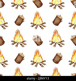 Aquarell-Illustration eines Brandmusters und eines Holzes. Orangefarbene und gelbe Flammen. Für die Gestaltung von Design-Kompositionen zum Thema Tourismus, Hik Stockfoto