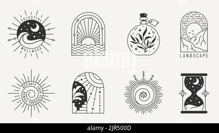 Boho-Logo-Set. Trendige Design-Elemente für Magie, esoterische, Psychologie, Alternativtherapie, spirituelle, Themen aus den Bereichen Himmel, Reisen und andere. Stock Vektor