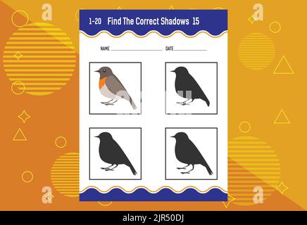 Finden Sie den richtigen Schatten. Arbeitsblatt zur Entwicklung von Schulungen. Passende Spiel für Kinder. Stock Vektor