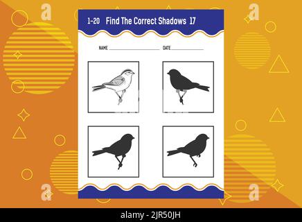 Finden Sie den richtigen Schatten. Arbeitsblatt zur Entwicklung von Schulungen. Passende Spiel für Kinder. Stock Vektor