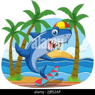 Cute Hai Skateboarding am Strand Illustration Stock Vektor