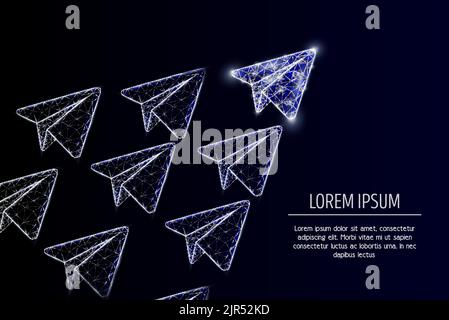 Vektor polygonale Kunst fliegende Papierflugzeuge. Drahtgittergeflecht mit geringer Poly-Poly-Poly-Streuung und Lichteffekten auf dunkelblauem Hintergrund. Anführer concep Stock Vektor