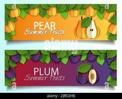 Vektor-Set von Obst-Banner mit Papier geschnitten reifen frischen gelben Birne und lila Pflaume Früchte. Stock Vektor