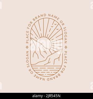 Logo im Landscape-Design. Trendige Umrissemblem für Reisebüros, Ökotourismus, Outdoor-Resort, Glamping oder andere Themen. Leinenset mit Bergen und Sonne. Stock Vektor
