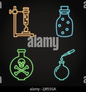 Neon Chemie Science-Ikone im Linienstil. Chemische Laborgeräte für Experimente. Vektorgrafik. Stock Vektor
