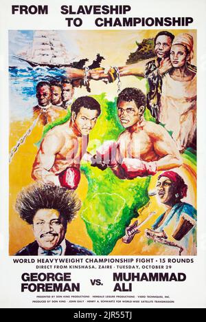 1974 Muhammad Ali vs. George Foreman (Rumble in the Jungle) Seltenes abgeschlossenes Kampfposter Stockfoto