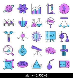 Science-Symbol im farbigen Linienstil. Sammlung wissenschaftlicher Elemente. Vektorgrafik. Stock Vektor