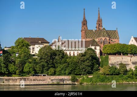 Das Basler Münster und Münsterhügel in Basel, Schweiz, Europa | das Basler Münster und der Domhügel in Basel, Schweiz, Europa Stockfoto