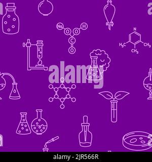 Chemie Nahtloses Muster im Linienstil. Hintergrund mit chemischen Symbolen. Vektorgrafik. Stock Vektor