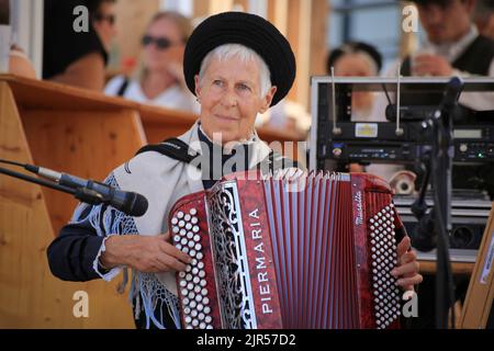 Accordéoniste. La Rioule. Danses folkloriques. Groupes folkloriques du Pays de Savoie. Espace Marie-Paradis. Saint-Gervais-les-Bains. Haute-Savoie. Stockfoto