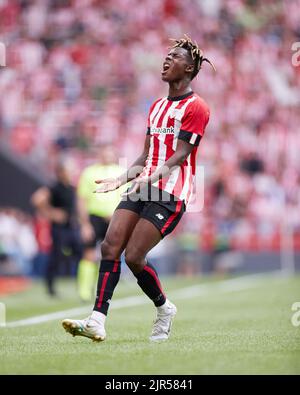 Bilbao, Spanien - 21. August 2022, Nico Williams vom Athletic Club reagiert während des Fußballspiels der spanischen Meisterschaft La Liga zwischen Athletic Club und Valencia CF am 21. August 2022 im San-Mames-Stadion in Bilbao, Spanien - Foto: Ricardo Larreina/DPPI/LiveMedia Kredit: Unabhängige Fotoagentur/Alamy Live News Stockfoto