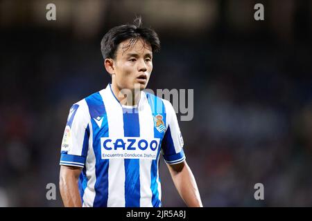 San Sebastian, Spanien - 21. August 2022, Takefusa Kubo von Real Sociedad während des Fußballspiels der spanischen Meisterschaft La Liga zwischen Real Sociedad und dem FC Barcelona am 21. August 2022 in der reale Arena in San Sebastian, Spanien - Foto: Ricardo Larreina/DPPI/LiveMedia Stockfoto