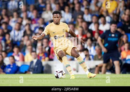 San Sebastian, Spanien - 21. August 2022, Ansu Fati vom FC Barcelona während des spanischen Fußballspiels La Liga zwischen Real Sociedad und FC Barcelona am 21. August 2022 in der reale Arena in San Sebastian, Spanien - Foto: Ricardo Larreina/DPPI/LiveMedia Stockfoto