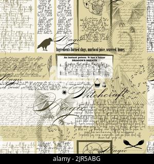 Nahtloses Muster alte Zeitung, digitales Papier Vintage Zeitung. Halloween. Ein Rezept für einen Zaubertrank. Stock Vektor