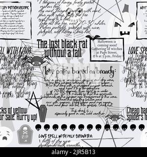 Nahtloses Muster alte Zeitung, digitales Papier Vintage Zeitung. Halloween. Ein Rezept für einen Zaubertrank. Stock Vektor