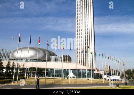 Teilansicht des Hauptquartiers der Afrikanischen Union bei der Eröffnung der Generalversammlung der Staats- und Regierungschefs der Afrikanischen Union 35. am 5. Februar 2022 im Hauptquartier der Afrikanischen Union (AU) Stockfoto