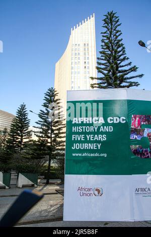Teilansicht des Hauptquartiers der Afrikanischen Union bei der Eröffnung der Generalversammlung der Staats- und Regierungschefs der Afrikanischen Union 35. am 5. Februar 2022 im Hauptquartier der Afrikanischen Union (AU) Stockfoto