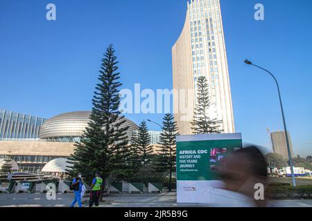 Teilansicht des Hauptquartiers der Afrikanischen Union bei der Eröffnung der Generalversammlung der Staats- und Regierungschefs der Afrikanischen Union 35. am 5. Februar 2022 im Hauptquartier der Afrikanischen Union (AU) Stockfoto