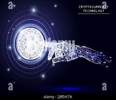 Bitcoin Hand Touch Vektor geometrischen polygonalen Hintergrund Stock Vektor