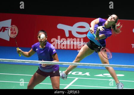 Tokio, Japan. 22. August 2022. Jaqueline Lima/Samia Lima (R) aus Brasilien treten beim ersten Duellspiel der Frauen gegen Liu Xuanxuan/Xia Yuting aus China bei den BWF World Championships 2022 in Tokio, Japan, am 22. August 2022 an. Quelle: Zhang Xiaoyu/Xinhua/Alamy Live News Stockfoto