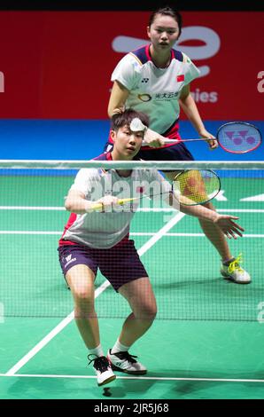 Tokio, Japan. 22. August 2022. Liu Xuanxuan (vorne)/Xia Yuting aus China treten beim ersten Duellspiel der Frauen gegen Jaqueline Lima/Samia Lima aus Brasilien bei den BWF World Championships 2022 in Tokio, Japan, am 22. August 2022 an. Quelle: Zhang Xiaoyu/Xinhua/Alamy Live News Stockfoto