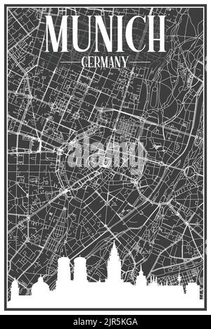 Handgezeichnetes Panorama-Skyline-Poster mit Stadtstreamennetz von MÜNCHEN, DEUTSCHLAND Stock Vektor