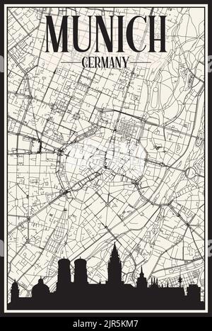 Handgezeichnetes Panorama-Skyline-Poster mit Stadtstreamennetz von MÜNCHEN, DEUTSCHLAND Stock Vektor
