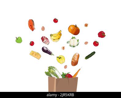 Lebensmittelgeschäft Warenkorb. Family Diet Food Splash Banner, Vektorgrafik. Gemüse-, Obst-, Fleisch- und Tagebuchsortiment in Papiertüte. Gesund Stock Vektor