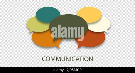 Vektordarstellung des Kommunikationskonzepts. Wortkommunikation mit bunten Dialog-Sprechblasen. Papierschnitt auf transparentem isoliertem Backgrou Stock Vektor