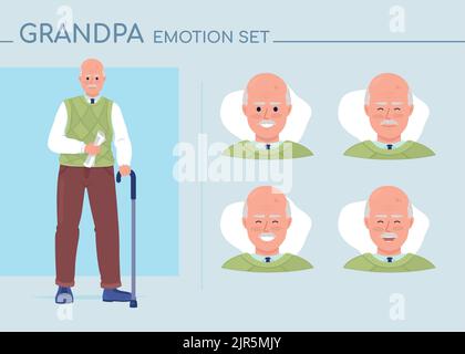 Fröhliche Opa halb flache Farbe Charakter Emotionen gesetzt Stock Vektor