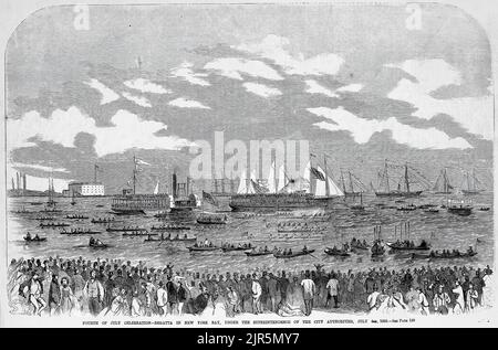 Feier zum vierten Juli - Regatta in der New York Bay, unter der Aufsicht der Stadtbehörden, 4.. Juli 1860. 19.. Jahrhundert Illustration aus Frank Leslie's Illustrated Newspaper Stockfoto