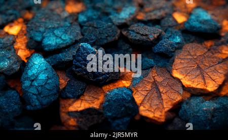 Ein hyperdetaillierter 3D Render aus Magma und Lava-Partikeln und seltenen Steinen für kühlen Hintergrund oder Tapete Stockfoto