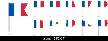 Frankreich Zahnstocherflagge isoliert auf Holzstäbchen mit weißem Papier. Realistische kleine Zahnstocher für das Mittagessen. Vektor-Cocktail-Dekoration Stock Vektor