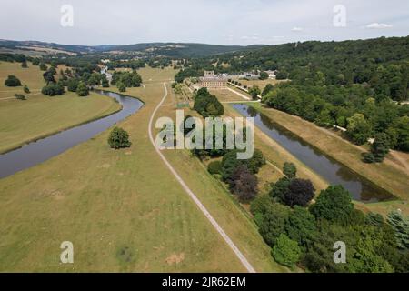 Chatsworth House Derbyshire Dales England, Drohnenansicht Stockfoto