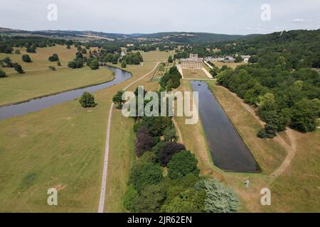 Chatsworth House Derbyshire Dales England, Drohnenansicht Stockfoto