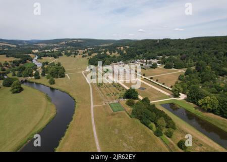 Chatsworth House Derbyshire Dales England, Drohnenansicht Stockfoto