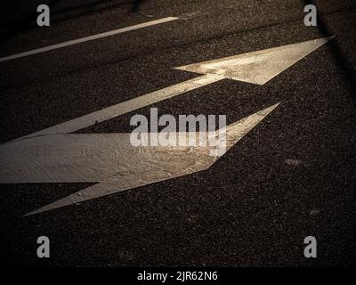 Richtungspfeile auf einer Straße nach einem regnerischen Tag Stockfoto