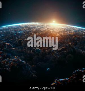 Ein Planet mit Blick aus dem All, coole Dinge passieren auf dem Planeten und die Sonne auf dem Hintergrund des Planeten Stock Vektor