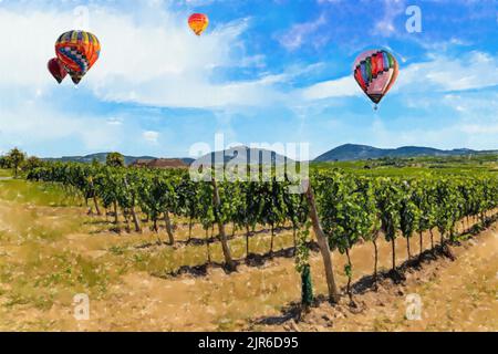 Weinberge in Wachau bei Krems, Österreich. Aquarellbild. Stockfoto