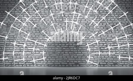 Grauer Backstein-Wandhintergrund, helle Lampen im Kreis von der Mitte, Produktdisplay der Bühne, 3D Render Stockfoto