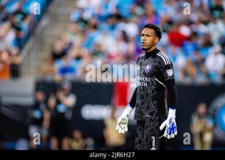 21. August 2022: Torwart Pedro Gallese (1) von Orlando City während der ersten Halbzeit gegen den FC Charlotte im Major League Soccer-Spiel im Bank of America Stadium in Charlotte, NC. (Scott Kinser) Stockfoto